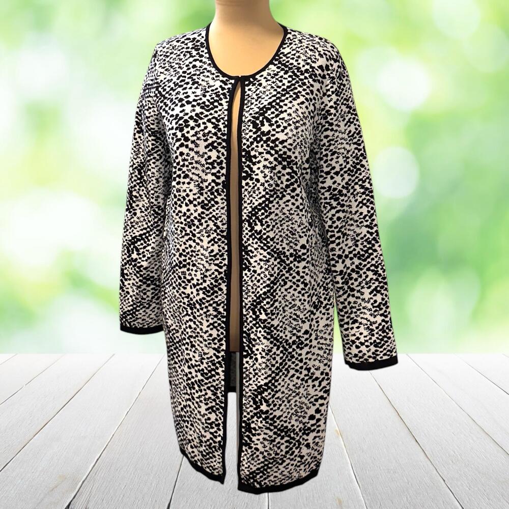 CALVIN KLEIN Coatigan Snakeskin Print Knit Open Front Cardigan Black White Sz M